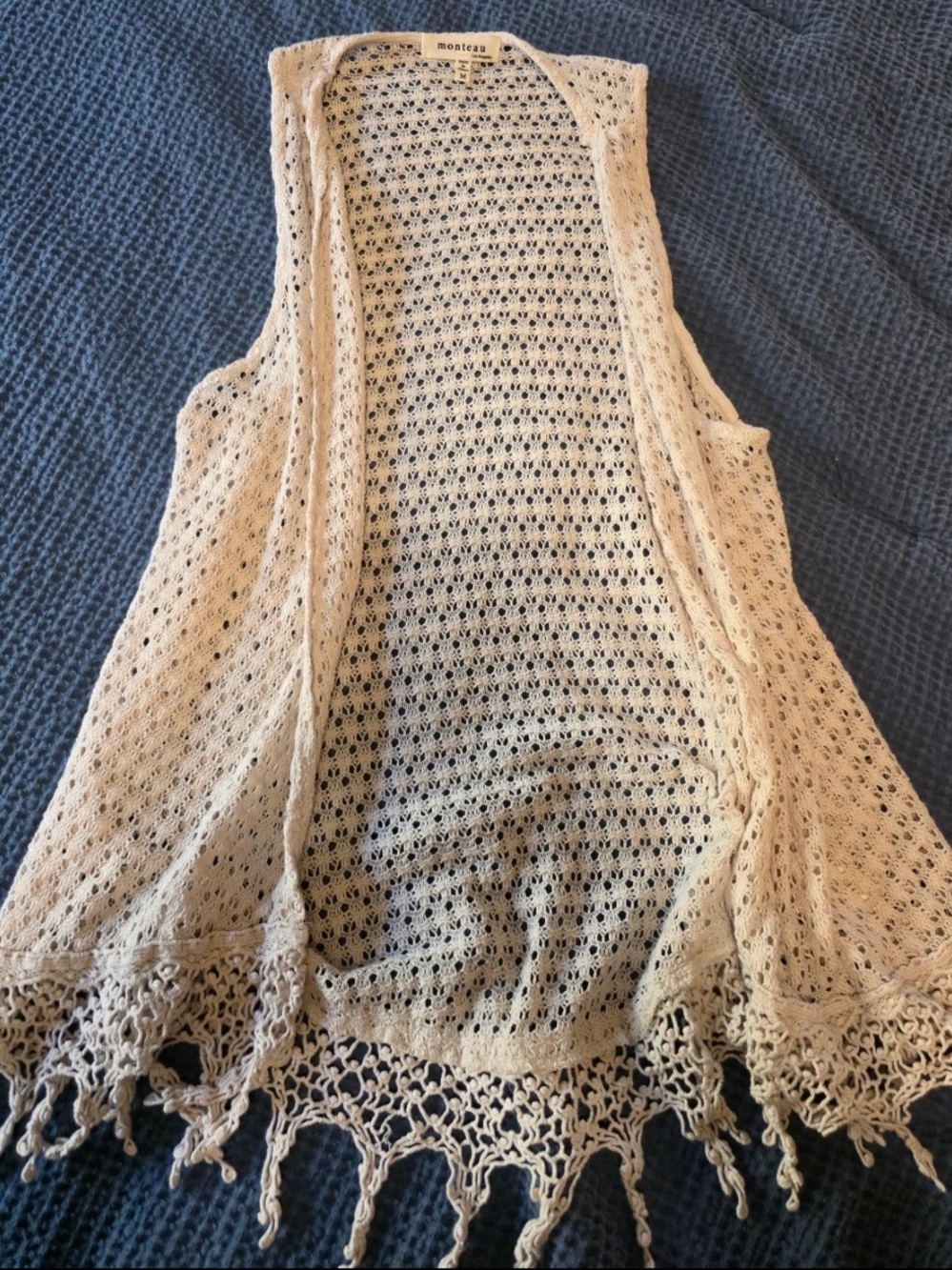 Monteau Cream Crochet Fringe Open Vest